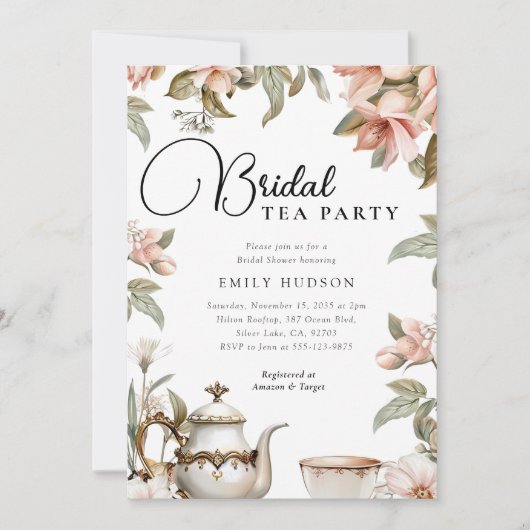Elegante Tea Party bruids douche uitnodiging (Voorkant)
