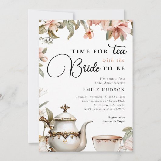 Elegante Tea Party bruids douche uitnodiging (Voorkant)