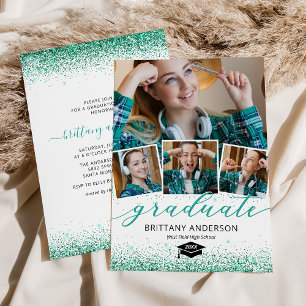 Elegante Teal Afstudeer Uitnodiging met 4 Foto's