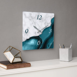 Elegante Teal Agate Zilveren Glitter Marmer Vierkante Klok