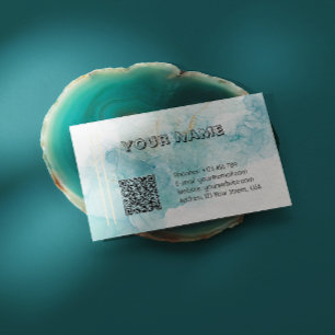 Elegante Teal Alcohol Ink Marmer met QR-code Visitekaartje