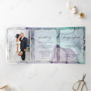 Elegante Teal Amethist Abstracte Inkt Drieluik Uitnodiging