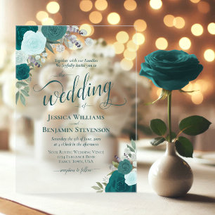 Elegante Teal & Aqua Boho Chic Rozen Bruiloft Acryl Uitnodigingen