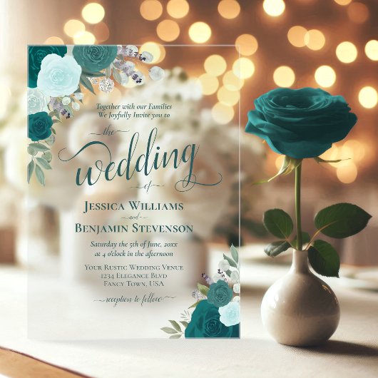 Elegante Teal & Aqua Boho Chic Rozen Bruiloft Acryl Uitnodigingen