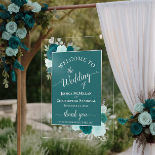 Elegante Teal & Aqua Boho Rozen Trouw Welkom Acryl Bord
