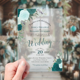 Elegante Teal & Aqua Watercolor Rozen Boho Bruilof Acryl Uitnodigingen