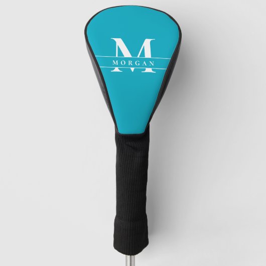 Elegante Teal Blauwe Witte Monogram Naam gepersona Golfheadcover (Voorkant)