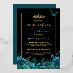 Elegante Teal Blauwe Zwarte Vlinder Quinceanera Folie Uitnodiging