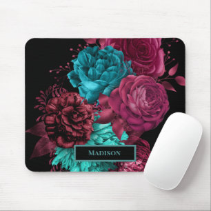 Elegante Teal Bourgondië Rode Bloemen Zwarte Monog Muismat