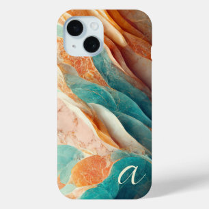 Elegante Teal Burnt Umber Marmeren Monogram Luxe iPhone 15 Case