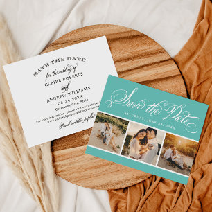 Elegante Teal Calligrafie Drie Foto Huwelijk Save The Date