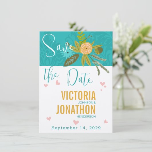 Elegante Teal Damast Turquoise Roze Gouden Bruilof Save The Date (Staand voorkant)