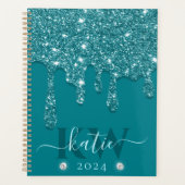 Elegante Teal Druppelende Glitter Monogram Planner (Voorkant)
