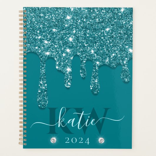 Elegante Teal Druppelende Glitter Monogram Planner (Voorkant)