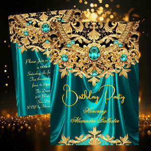 Elegante Teal Edelstenen Gouden Kant Damast Verjaa Kaart