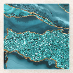 Elegante Teal en Goud Glitter Oceaan Agiet Glazen Onderzetter