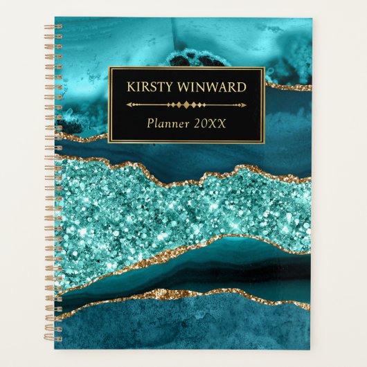 Elegante Teal en Goud Oceaan Glitter Agate Planner (Voorkant)