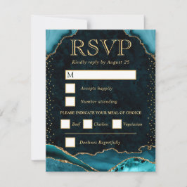 Elegante Teal en Gouden Nep Glitter Agate Bruiloft RSVP Kaartje