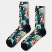 Elegante teal en koraal bloemige patchwork op maat sokken (Links)