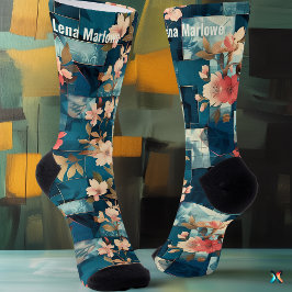 Elegante teal en koraal bloemige patchwork op maat sokken