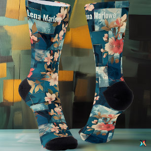 Elegante teal en koraal bloemige patchwork op maat sokken