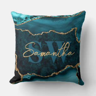 Elegante Teal en Nep Gouden Glitter Marmer Agaat Kussen