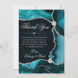 Elegante Teal en Zilver Glitter Agate Huwelijk Bedankkaart