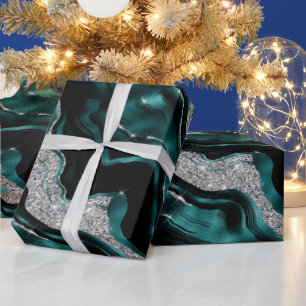 Elegante Teal en Zilver Glitter Agate Verjaardag Cadeaupapier