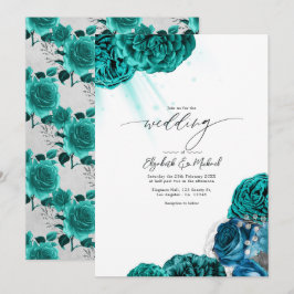 Elegante Teal en Zilveren Bloemige Trouwdag Kaart
