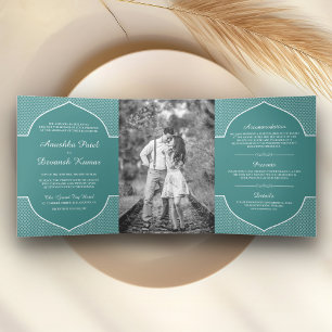 Elegante Teal Etnische Indiase Boog Huwelijksfoto Drieluik Uitnodiging