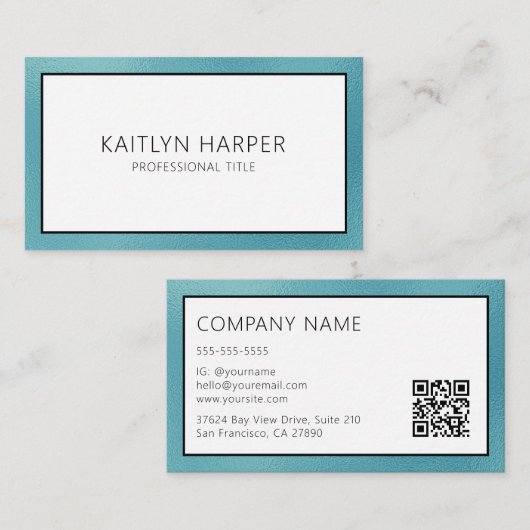 Elegante Teal Folie Afgewerkte QR Code Visitekaartje (Voorkant / Achterkant)