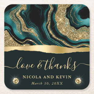 Elegante Teal Folie- en Goud Glitter Agate Bruilof Kartonnen Onderzetters