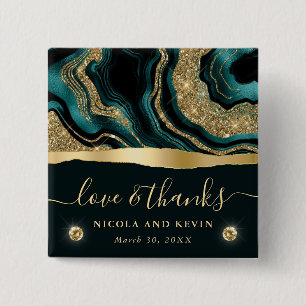 Elegante Teal Folie- en Goud Glitter Agate Bruilof Vierkante Button 5,1 Cm