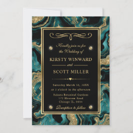 Elegante Teal Folie en Gouden Glitter Agaten Bruil Kaart