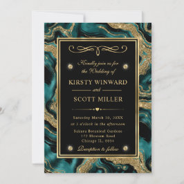Elegante Teal Folie en Gouden Glitter Agaten Bruil Kaart