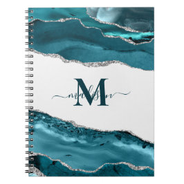 Elegante Teal Geode Agaat Monogram Gelakt Goud Gli Notitieboek