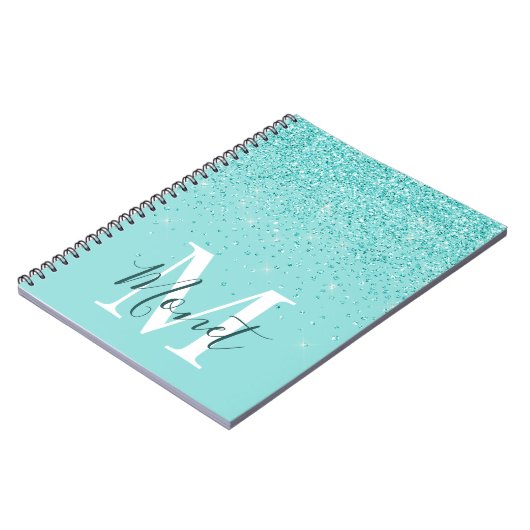 Elegante Teal Glitters Met Monogram Notitieboek (Linkerzijde)