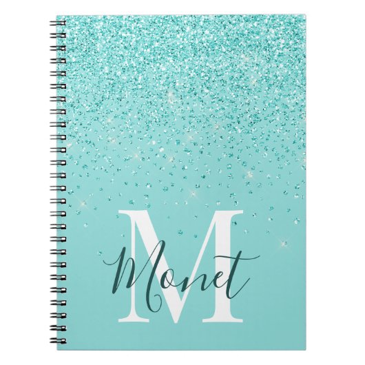 Elegante Teal Glitters Met Monogram Notitieboek (Voorkant)