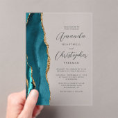 Elegante Teal Goud Agaat Script Bruiloft Acryl Uitnodigingen (Insitu (Draagbaar))