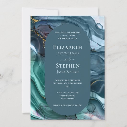 Elegante Teal & Goud Agate Bruiloft Kaart (Voorkant)