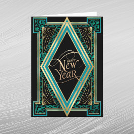 Elegante Teal Goud Art Deco Nieuwjaar Feestdagen Kaart