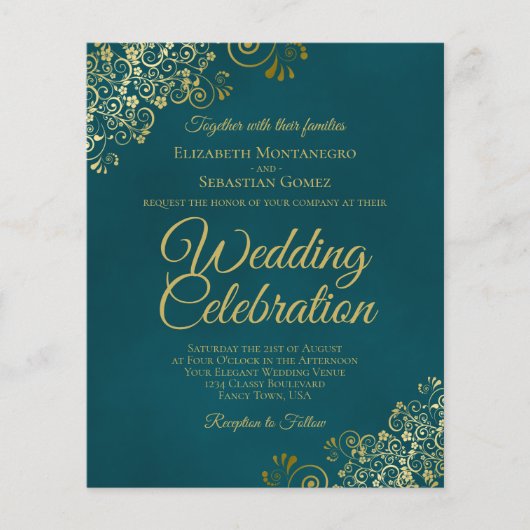 Elegante Teal & Goud BUDGET Trouwuitnodiging (Voorkant)