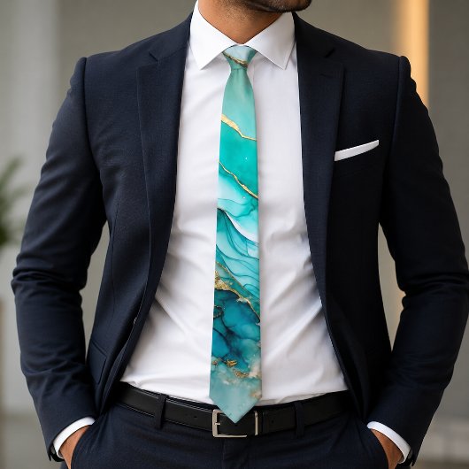 Elegante Teal Goud Marmer Stropdas