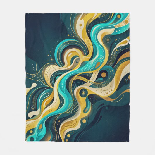Elegante Teal Gouden Abstracte Stroomkunst Fleece Deken (Voorkant)