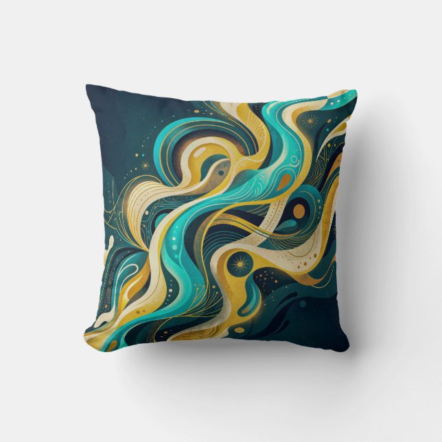 Elegante Teal Gouden Abstracte Stroomkunst Kussen (Voorkant)