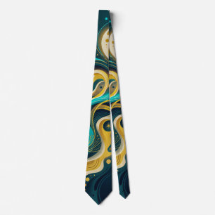 Elegante Teal Gouden Abstracte Stroomkunst Stropdas