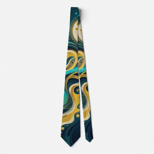 Elegante Teal Gouden Abstracte Stroomkunst Stropdas (Voorkant)