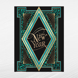 Elegante Teal Gouden Art Deco Nieuwjaar Feestdagenkaart