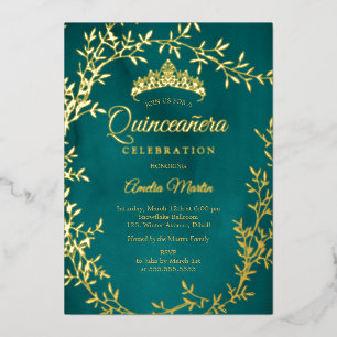 Elegante teal gouden blad krans Quinceanera Folie Uitnodiging