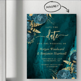 Elegante Teal Gouden Bloem Bruiloft Save the Date Magnetische Uitnodiging